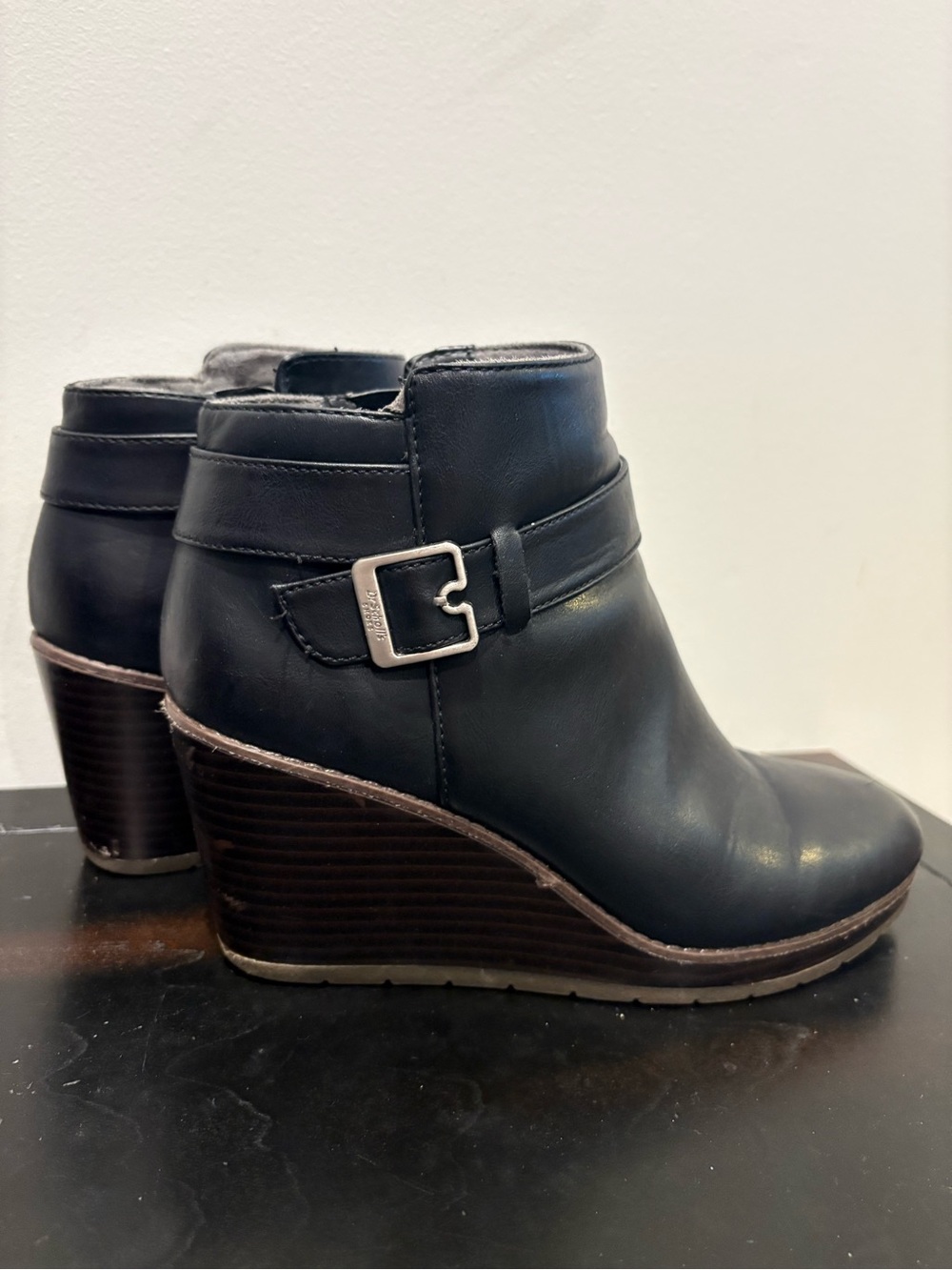 Dr. Scholl's Black Leather Wedge Ankle Boot with Buckle